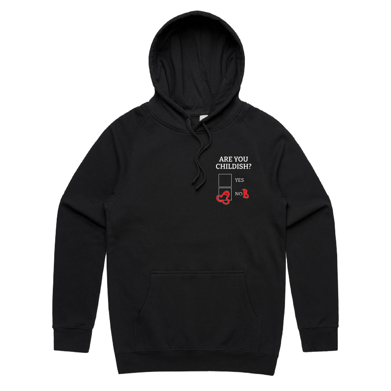 S / Black / Small Front Print Definitely Not Childish 📋🖕 - Unisex Hoodie