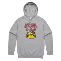 S / Grey / Large Front Print Here We Go Again 🌞🥱 – Unisex Hoodie