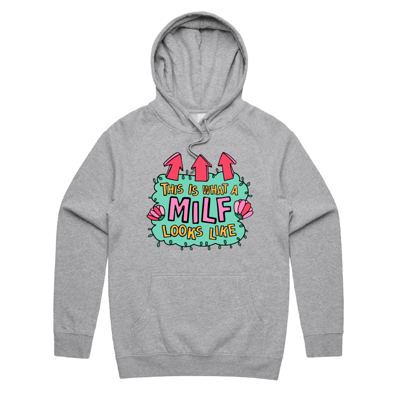 S / Grey / Large Front Print MILF Looks Like 👆 – Unisex Hoodie