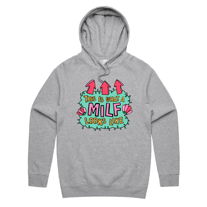 S / Grey / Large Front Print MILF Looks Like 👆 – Unisex Hoodie
