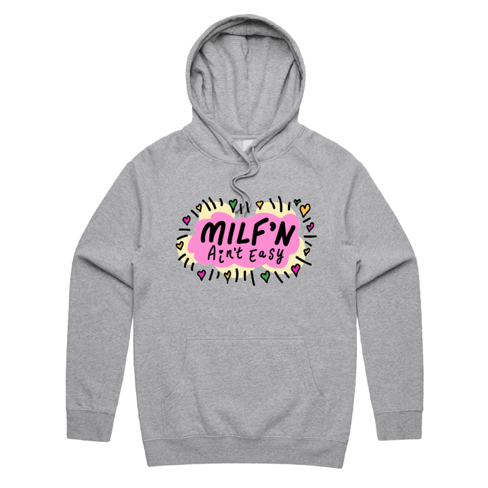S / Grey / Large Front Print Milf'n Ain't Easy 👩🎖️ – Unisex Hoodie