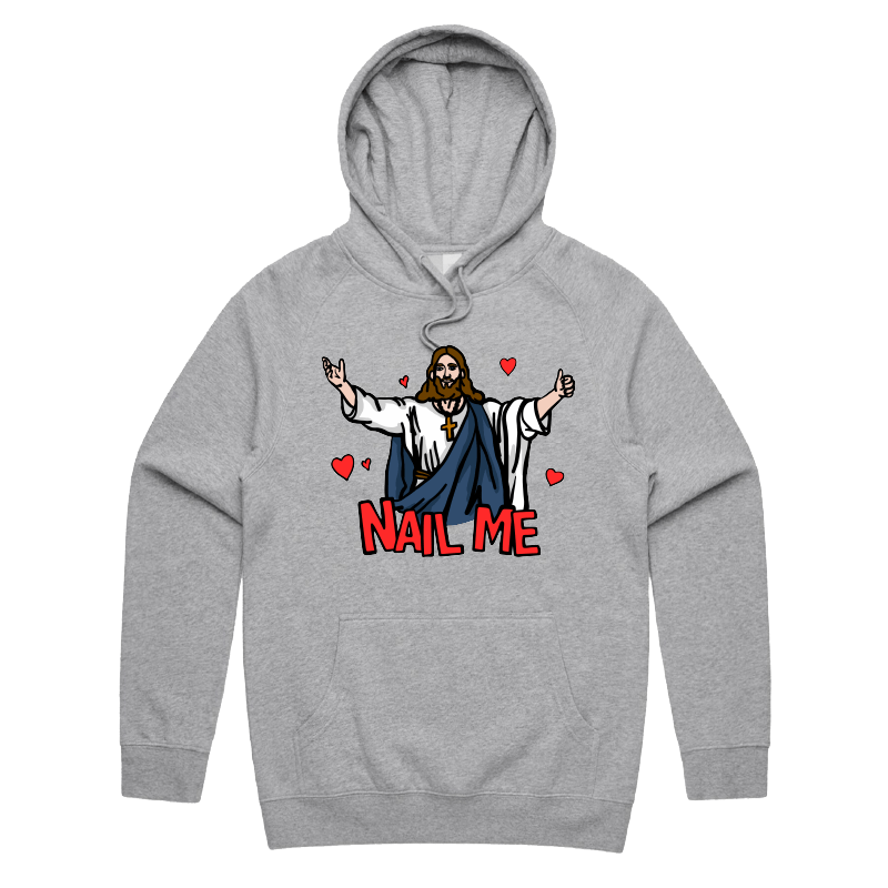 S / Grey / Large Front Print Nail Me 🙏🔨 – Unisex Hoodie