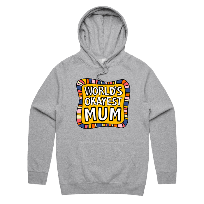 S / Grey / Large Front Print World's Okayest Mum 🌍🏆 – Unisex Hoodie