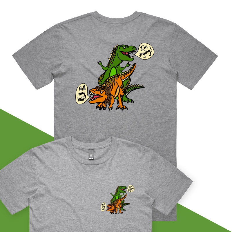 S / Grey / Small Front & Large Back Design Pull My Hair 🦖🦕 – Men's T Shirt