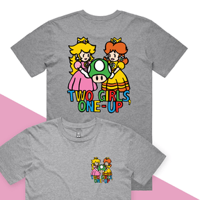 S / Grey / Small Front & Large Back Design Two Girls One-Up 🍄📤 – Men's T Shirt