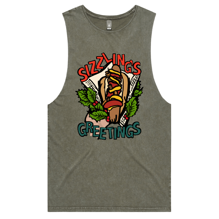 S / Moss / Large Front Design Sizzlin's Greetings 🌭🎅 - Tank