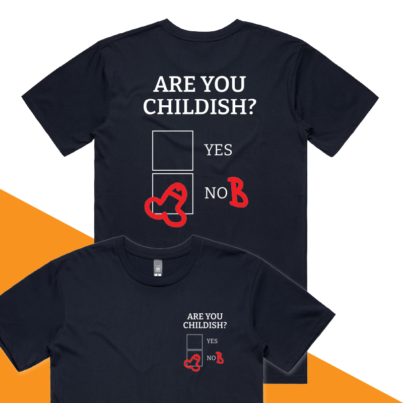S / Navy / Small Front & Large Back Design Definitely Not Childish 📋🖕 - Men's T Shirt