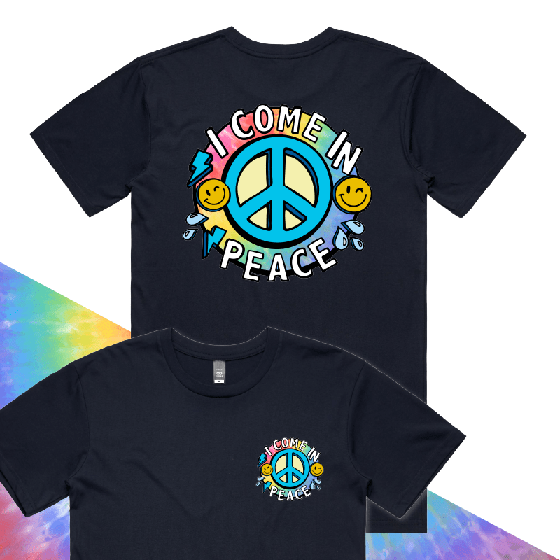 S / Navy / Small Front & Large Back Design I Come In Peace ☮️ – Men's T Shirt