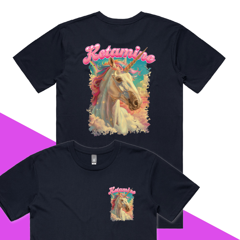 S / Navy / Small Front & Large Back Design Ketamine Unicorn 💉🦄 - Men's T Shirt