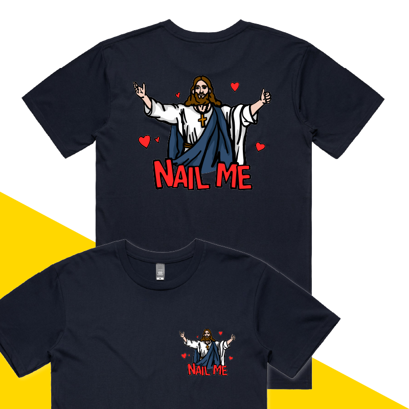 S / Navy / Small Front & Large Back Design Nail Me 🙏🔨 – Men's T Shirt