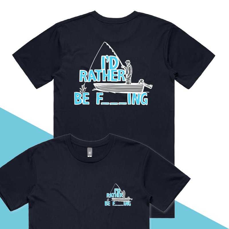 S / Navy / Small Front & Large Back Design Rather Be Fishing 🐟🍆 - Men's T Shirt