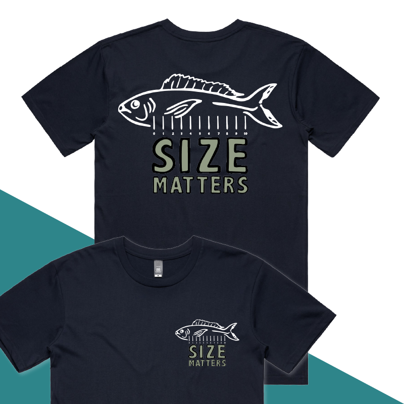 S / Navy / Small Front & Large Back Design Size Matters 🐟📏 – Men's T Shirt