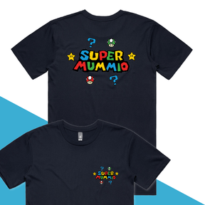 S / Navy / Small Front & Large Back Design Super Mummio ⭐🍄 – Men's T Shirt