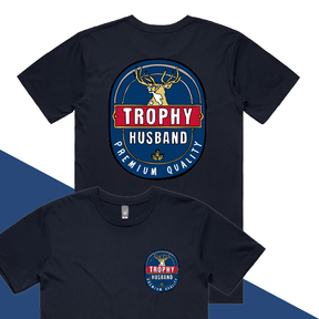 S / Navy / Small Front & Large Back Design Trophy Husband 2heys 🍺🏆 – Men's T Shirt