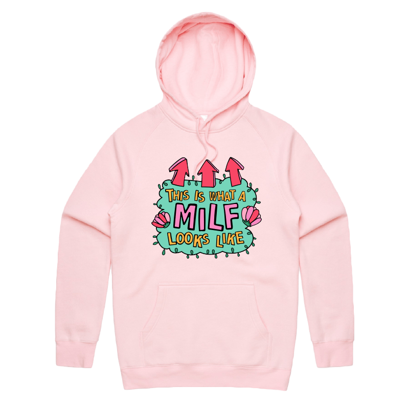 S / Pink / Large Front Print MILF Looks Like 👆 – Unisex Hoodie