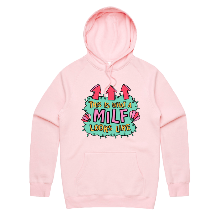 S / Pink / Large Front Print MILF Looks Like 👆 – Unisex Hoodie