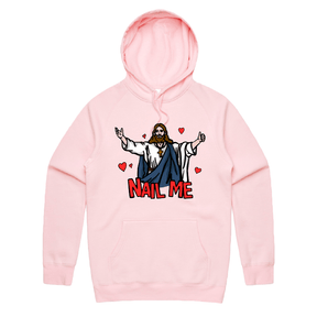 S / Pink / Large Front Print Nail Me 🙏🔨 – Unisex Hoodie