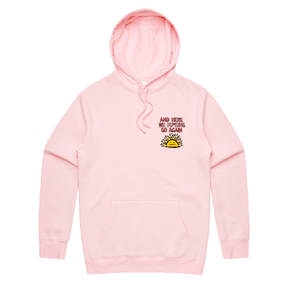 S / Pink / Small Front Print Here We Go Again 🌞🥱 – Unisex Hoodie
