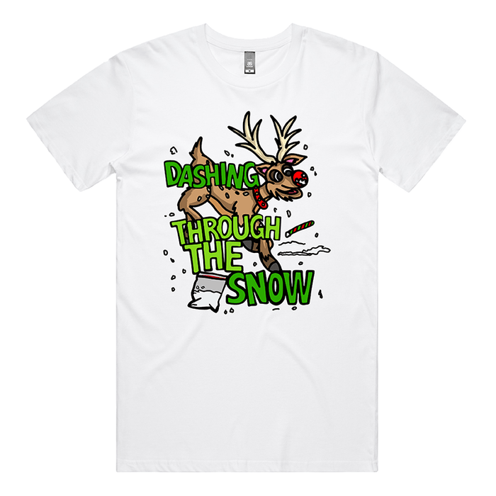 S / White / Large Front Design Dashing Through The Snow ❄️🦌 - Men's T Shirt