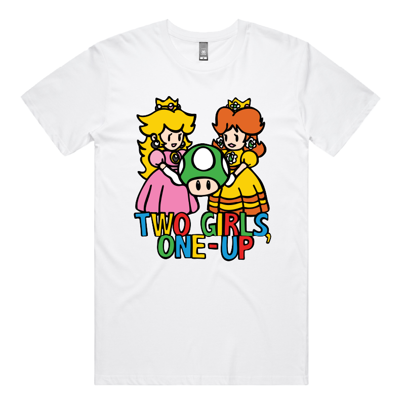 S / White / Large Front Design Two Girls One-Up 🍄📤 – Men's T Shirt