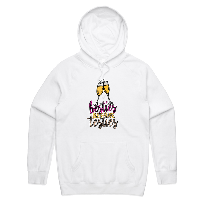 S / White / Large Front Print Besties Before Testies 👭🥰 – Unisex Hoodie