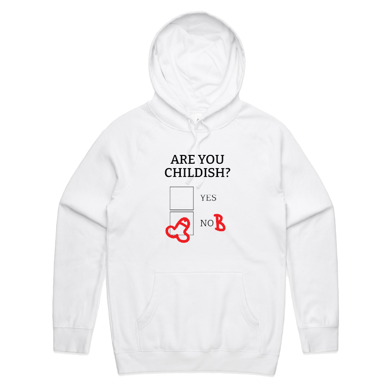 S / White / Large Front Print Definitely Not Childish 📋🖕 - Unisex Hoodie