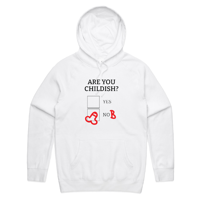 S / White / Large Front Print Definitely Not Childish 📋🖕 - Unisex Hoodie