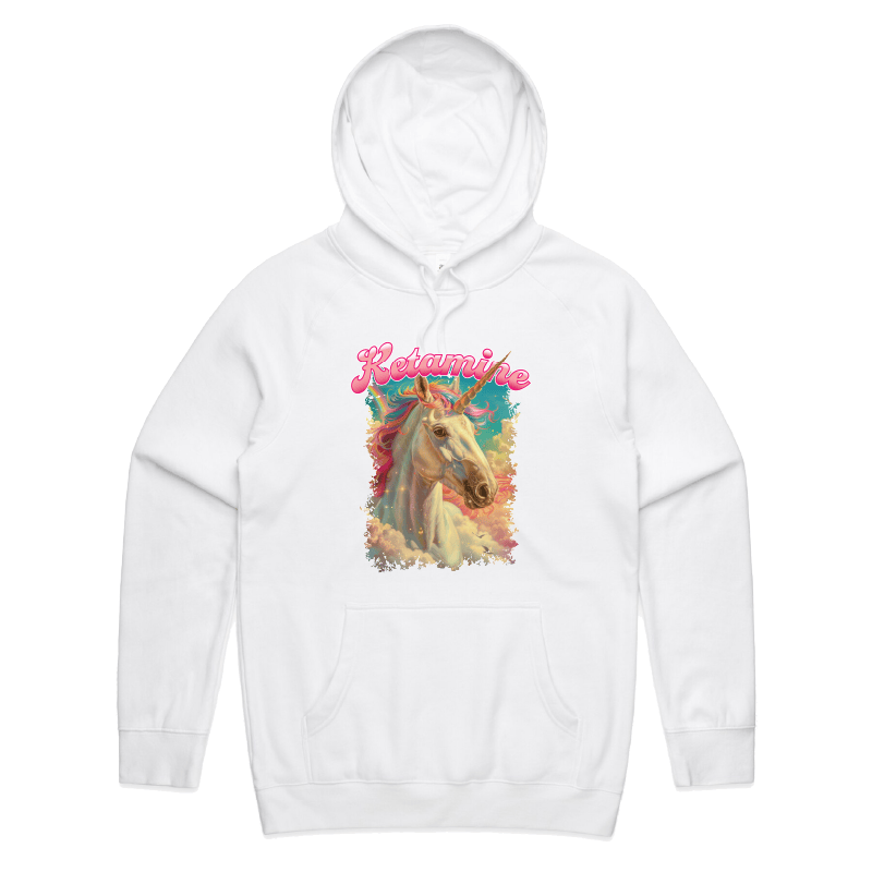 S / White / Large Front Print Ketamine Unicorn 💉🦄 - Unisex Hoodie