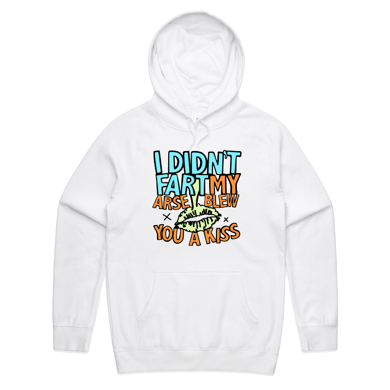 S / White / Large Front Print Kiss From Down Under 😘💨 – Unisex Hoodie