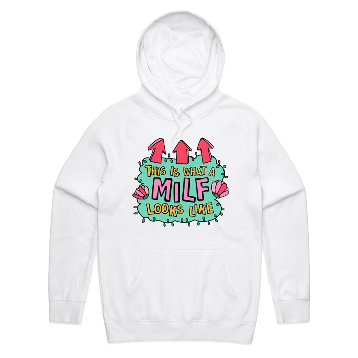 S / White / Large Front Print MILF Looks Like 👆 – Unisex Hoodie
