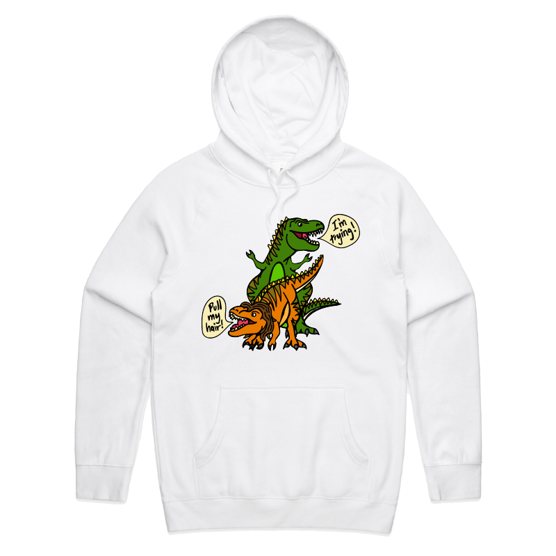 S / White / Large Front Print Pull My Hair 🦖🦕 – Unisex Hoodie