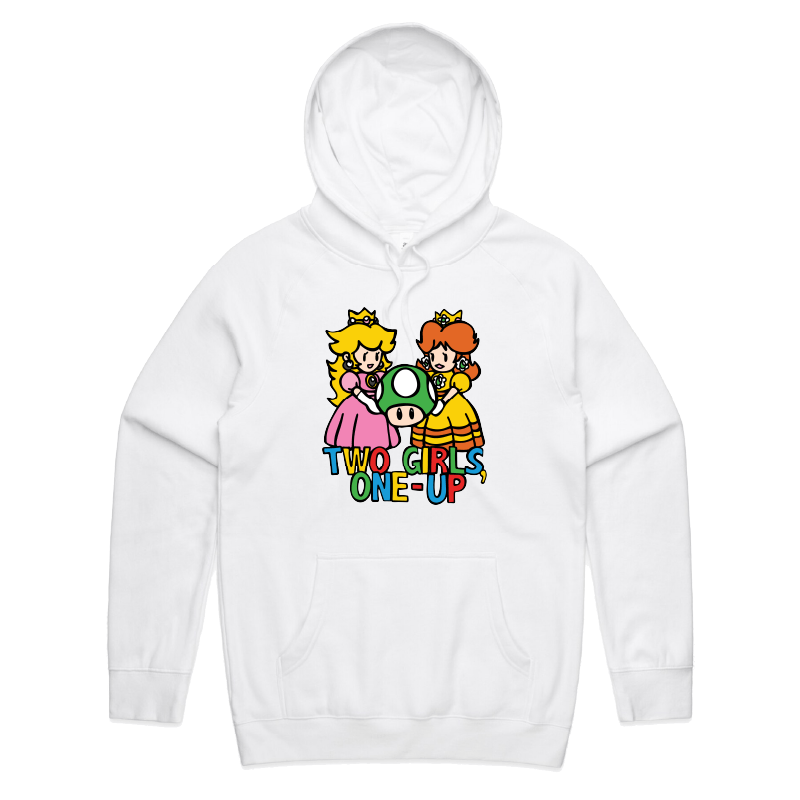 S / White / Large Front Print Two Girls One-Up 🍄📤 – Unisex Hoodie