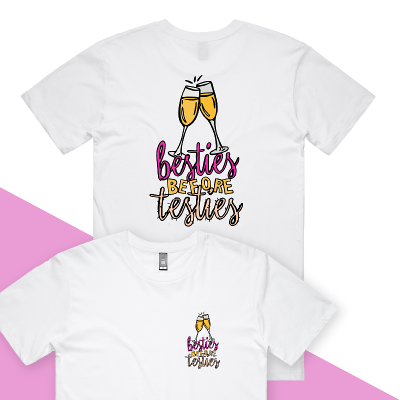 S / White / Small Front & Large Back Design Besties Before Testies 👭🥰 – Men's T Shirt