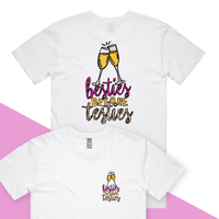 S / White / Small Front & Large Back Design Besties Before Testies 👭🥰 – Men's T Shirt
