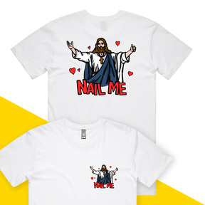 S / White / Small Front & Large Back Design Nail Me 🙏🔨 – Men's T Shirt