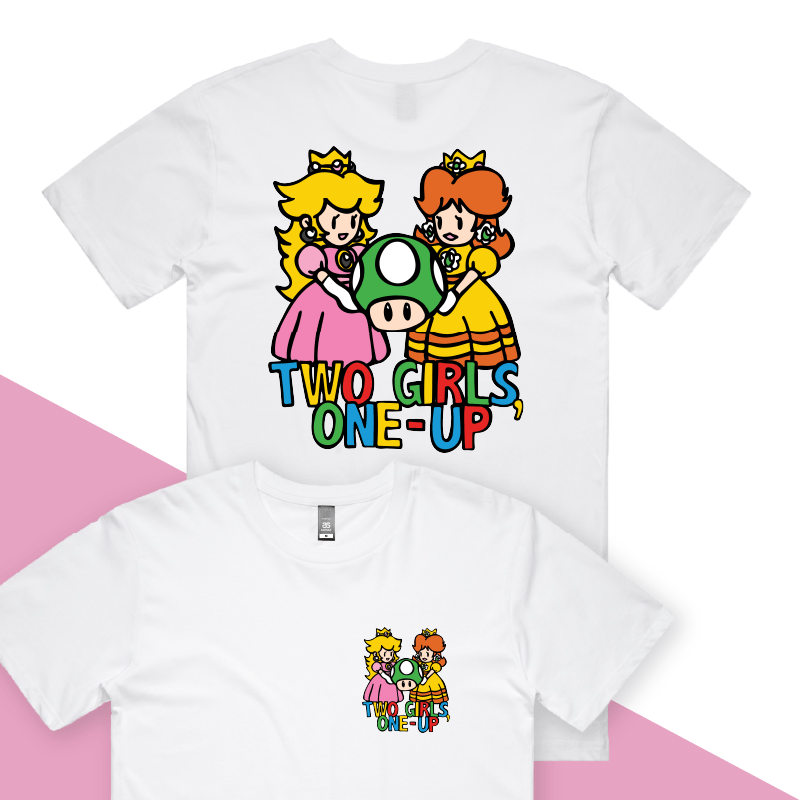 S / White / Small Front & Large Back Design Two Girls One-Up 🍄📤 – Men's T Shirt