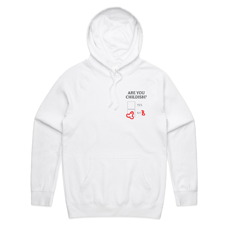 S / White / Small Front Print Definitely Not Childish 📋🖕 - Unisex Hoodie
