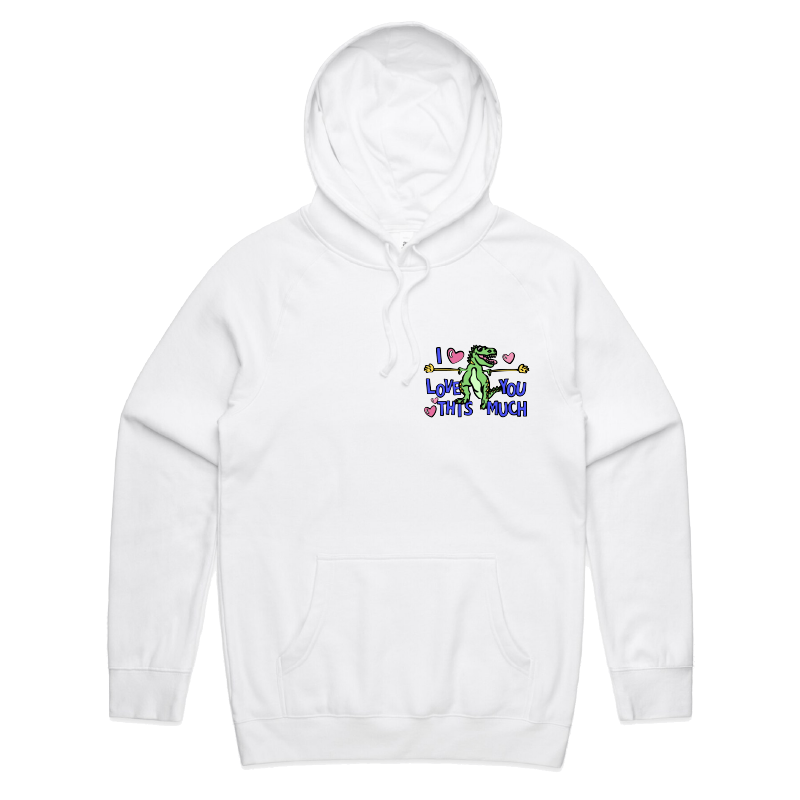 S / White / Small Front Print Love You This Much 🦕📏 – Unisex Hoodie