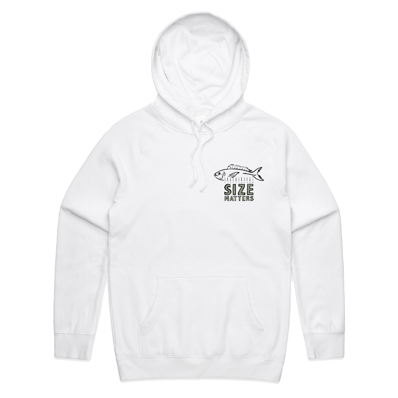 S / White / Small Front Print Size Matters 🐟📏 – Unisex Hoodie