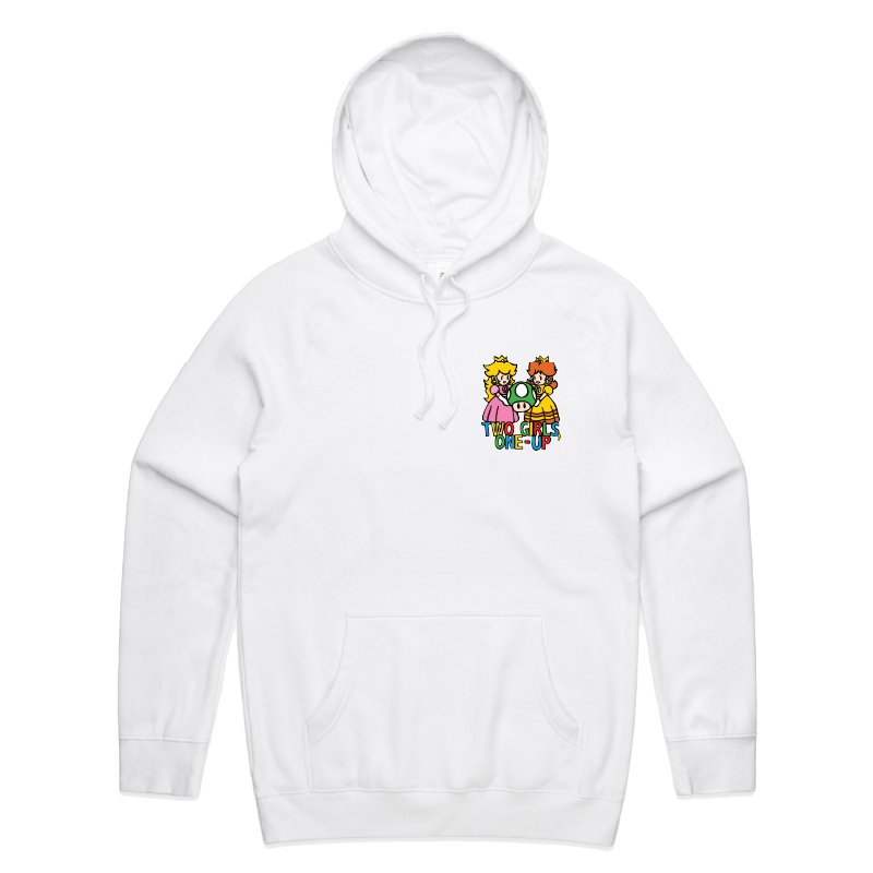 S / White / Small Front Print Two Girls One-Up 🍄📤 – Unisex Hoodie