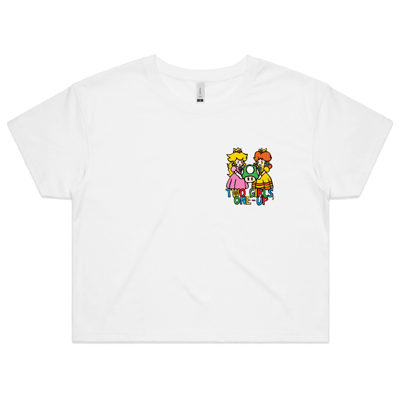 S / White Two Girls One-Up 🍄📤 – Women's Crop Top