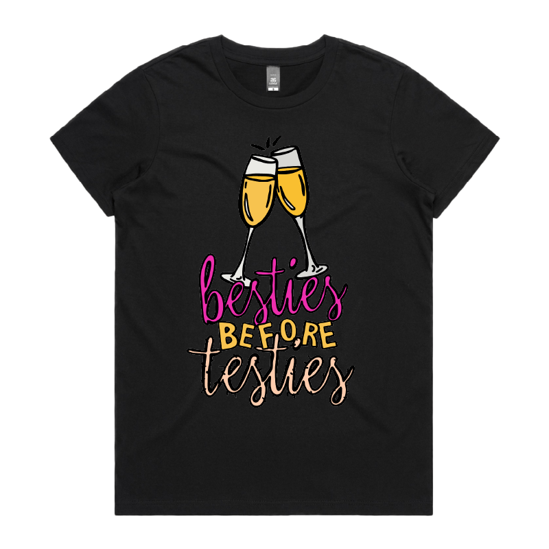 XS / Black / Large Front Design Besties Before Testies 👭🥰 – Women's T Shirt
