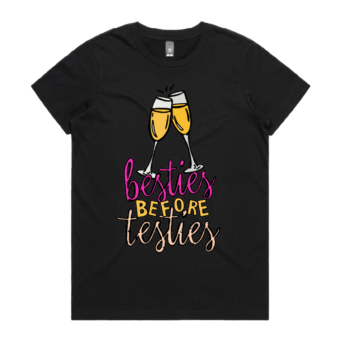 XS / Black / Large Front Design Besties Before Testies 👭🥰 – Women's T Shirt