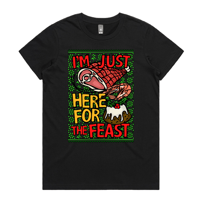 XS / Black / Large Front Design Here For The Feast 🦐🎄🐖 - Women's T Shirt