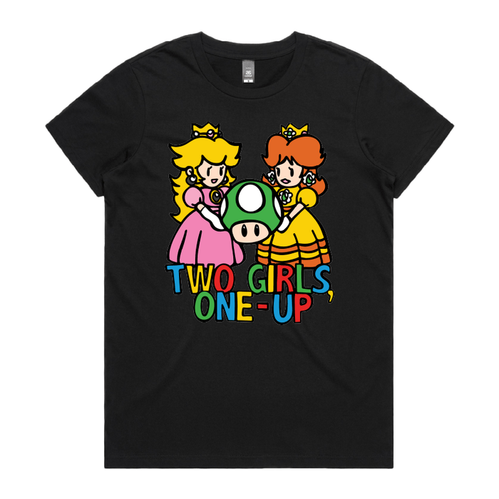 XS / Black / Large Front Design Two Girls One-Up 🍄📤 – Women's T Shirt