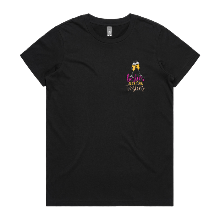 XS / Black / Small Front Design Besties Before Testies 👭🥰 – Women's T Shirt