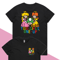 XS / Black / Small Front & Large Back Design Two Girls One-Up 🍄📤 – Women's T Shirt