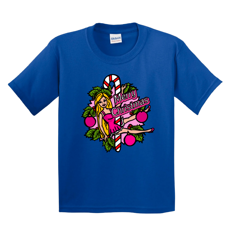 XS / Blue / Large Front Design Barbee Christmas 👠🎄- Youth T Shirt