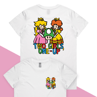 XS / White / Small Front & Large Back Design Two Girls One-Up 🍄📤 – Women's T Shirt