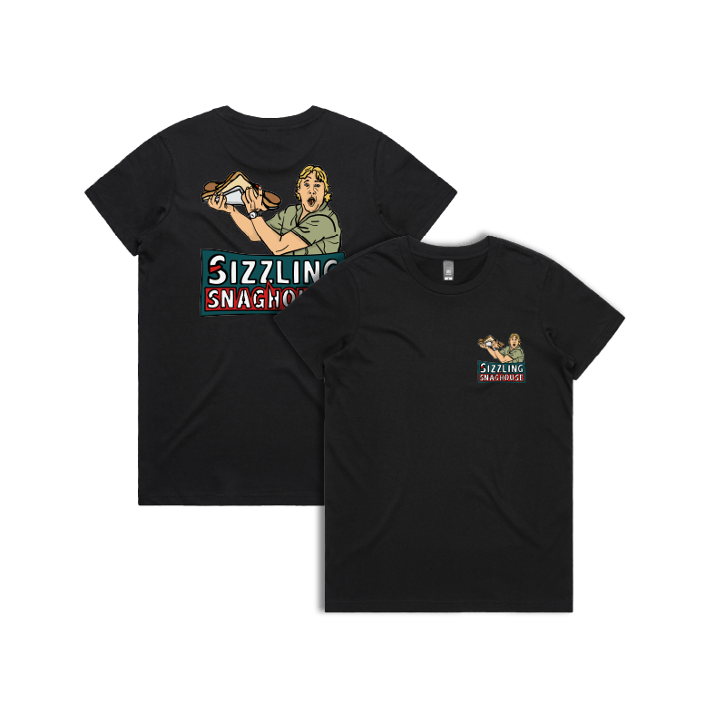 Black / Small Front & Large Back Design / XS Steve's Snaghouse 🌭 - Women's T Shirt